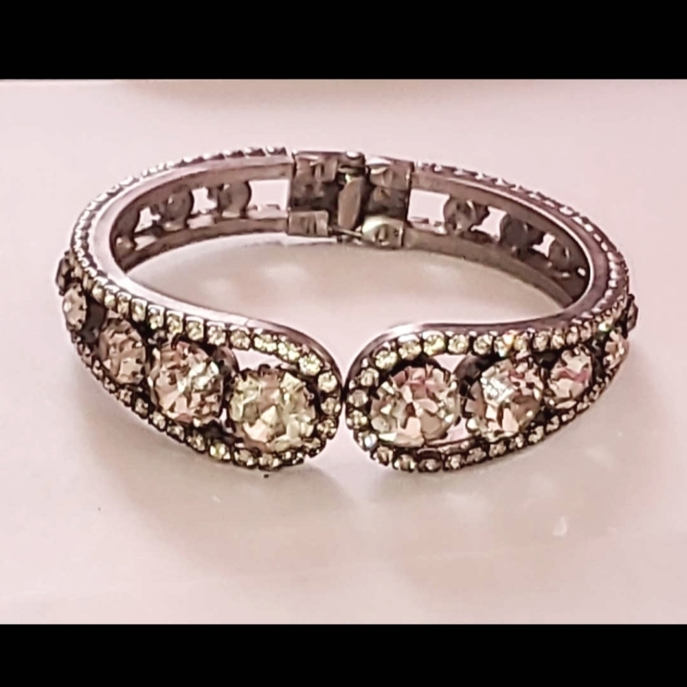 Vintage Early Century Silver Tone & Crystal Chunky Bracelet Hinged